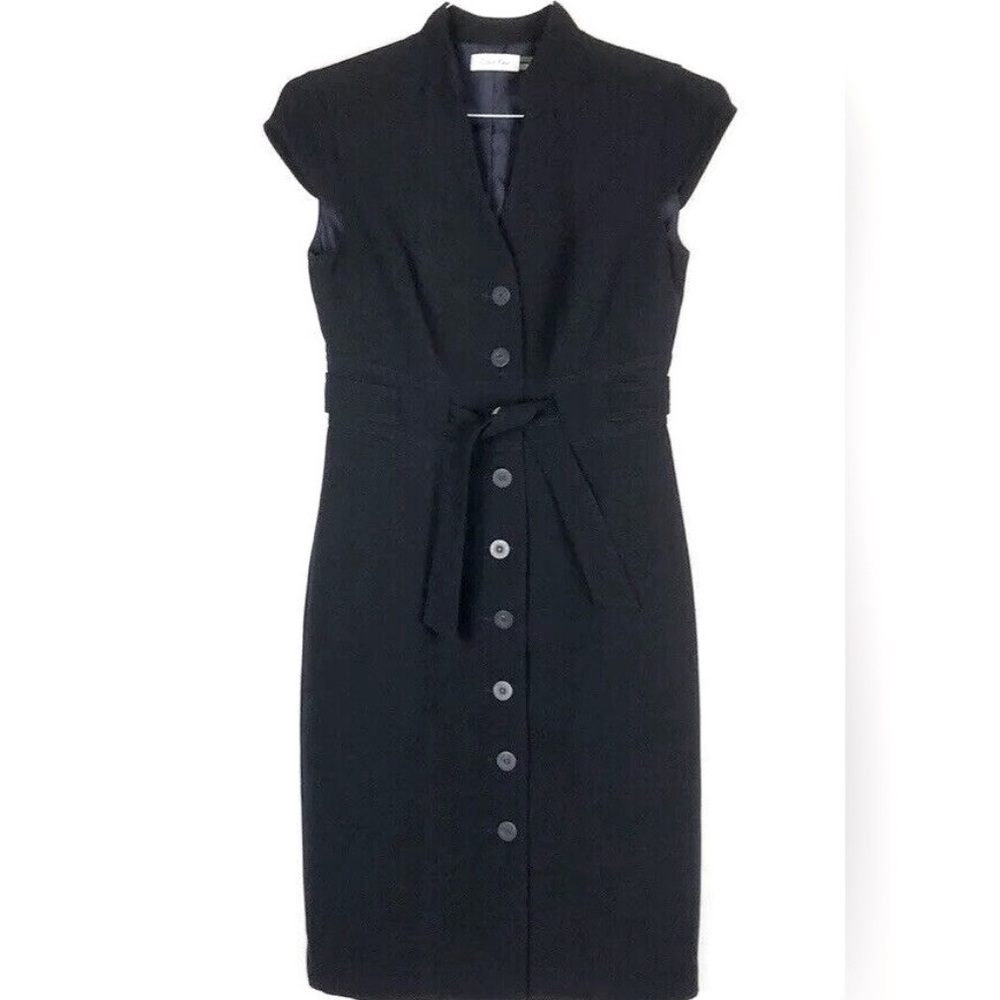 Calvin Klein Solid Black Button Down Belted Sleeveless Dress Size 2